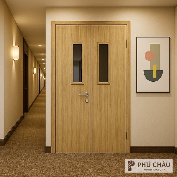 Cửa chống cháy cho văn phòng 2 cánh có ô kính tại sảnh tầng