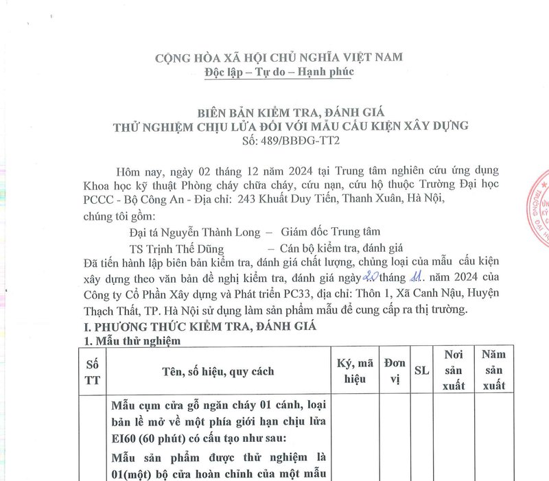 Biên bản thử nghiệm chịu lửa cửa chống cháy PC60-01